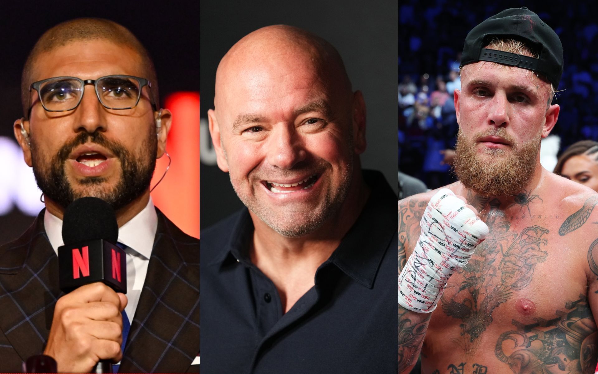 Dana White (middle) appears open to fixing fixing relationship with Jake Paul (right) and Ariel Helwani (left). [Images courtesy: Getty Images]