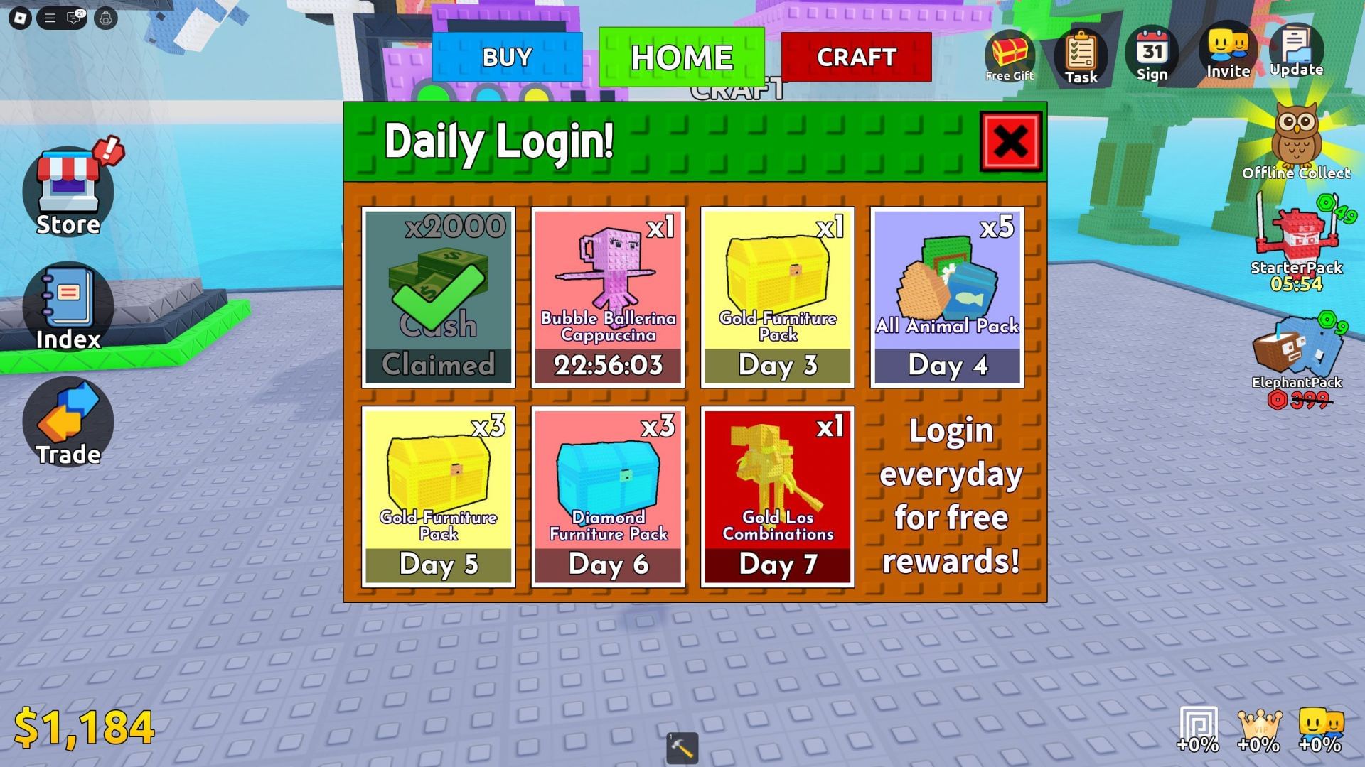 Claim the daily and playtime rewards for maximum progression (Image via Roblox)