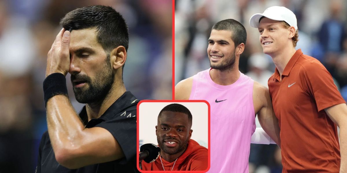Novak Djokovic (left), Carlos Alcaraz and Jannik Sinner (right), Frances Tiafoe (bottom inset), Sources: Getty