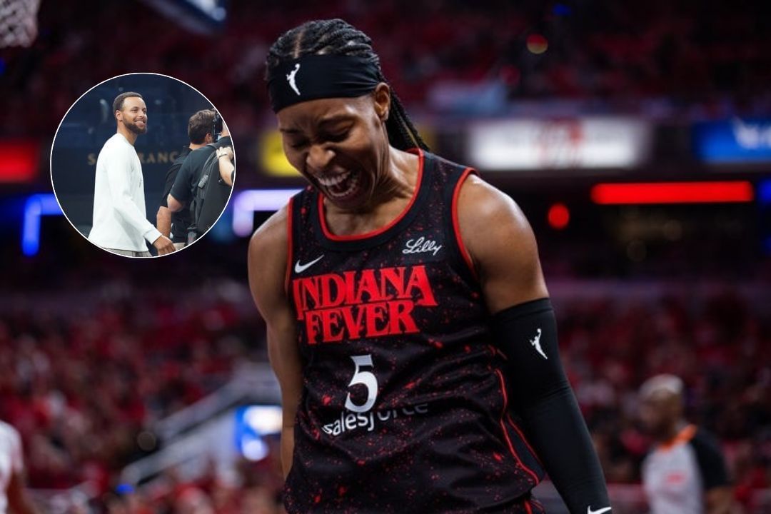 Shey Peddy celebrates a point during a playoff game, Steph Curry smiles during an appearance at the Laver Cup