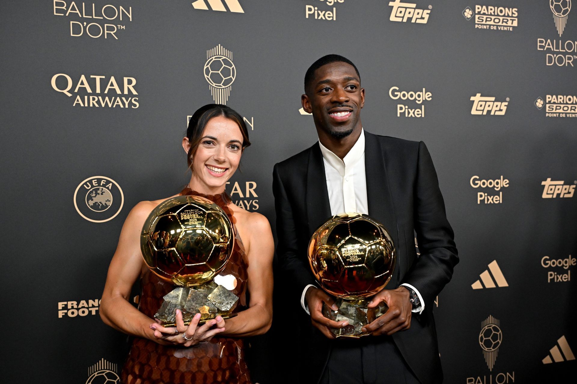 Ousmane Dembele (left) poses with his women&#039;s winning counterpart, Aitana Bonmati.