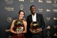 Ousmane Dembele (left) poses with his women's winning counterpart, Aitana Bonmati.