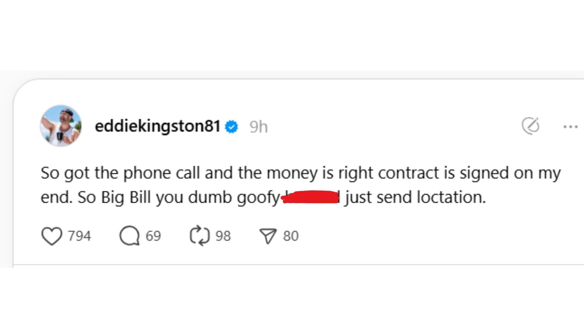 Eddie Kingston answers Big Bill&#039;s challenge [Image Credits: Kingston&#039;s Threads account]