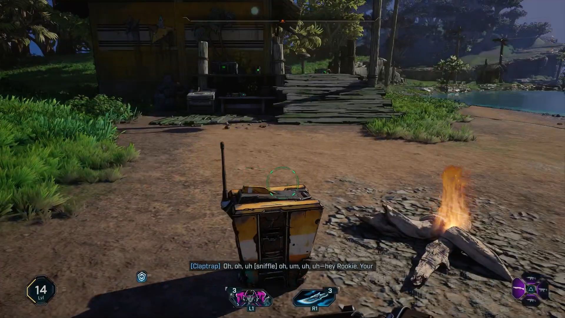 Claptrap can be found sitting sadly near a campfire outside a riverside shack in the western area of Hungering Plain (Image via Gearbox Software)