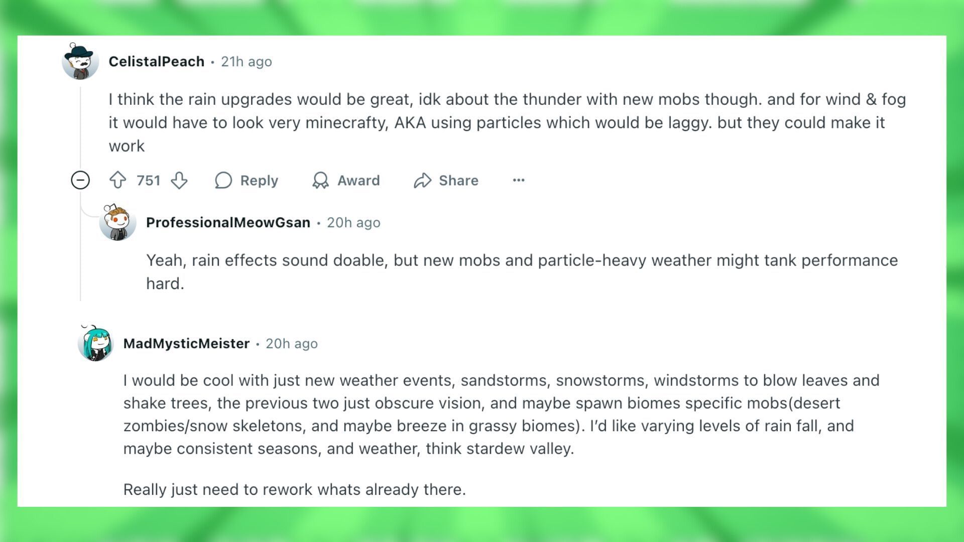 Redditors talk about improved weather system in Minecraft (Image via Reddit)