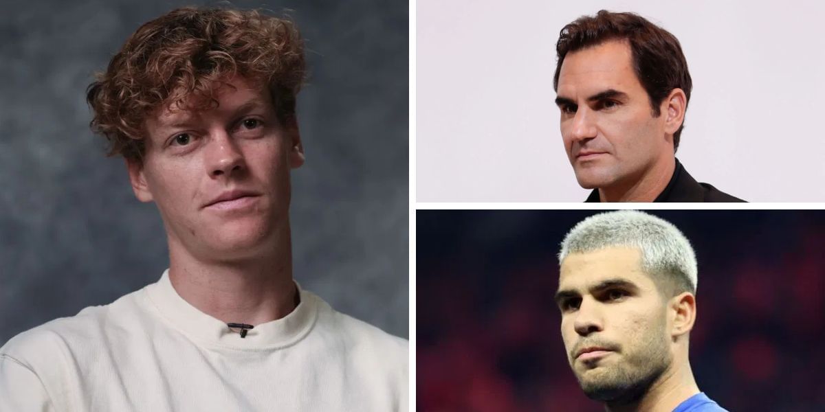 Jannik Sinner (left), Roger Federer (top right), Carlos Alcaraz (bottom right), Sources: Getty