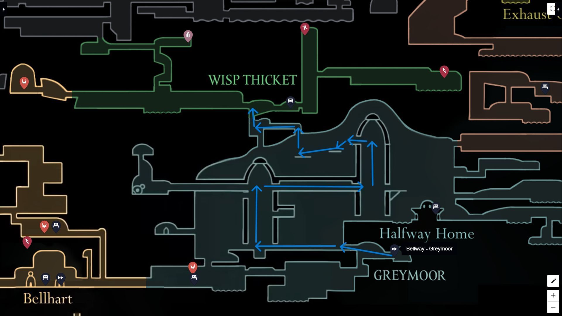 Path to Wisp Thicket in Hollow Knight Silksong (Image via Mapgenie.io)