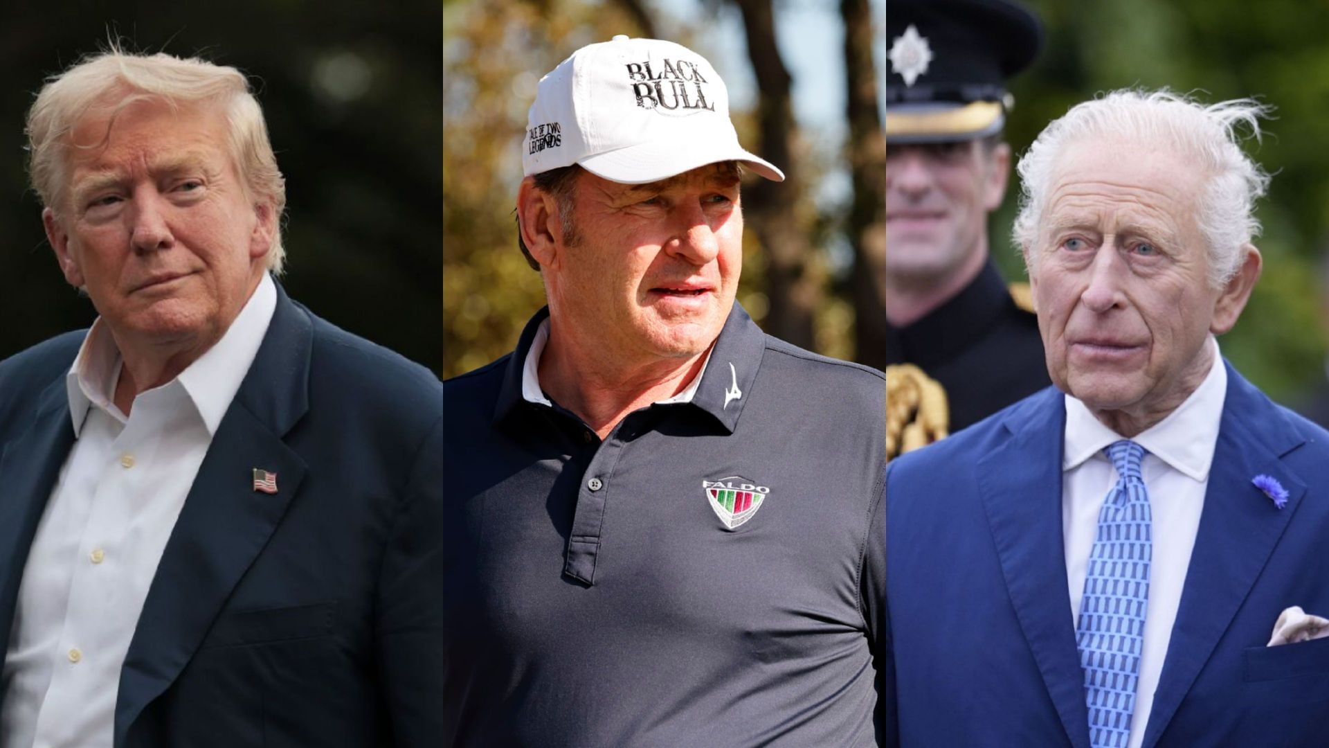Sir Nick Faldo (middle), US President Donald Trump (left), and King Charles (right) / Source: Getty and Imagn