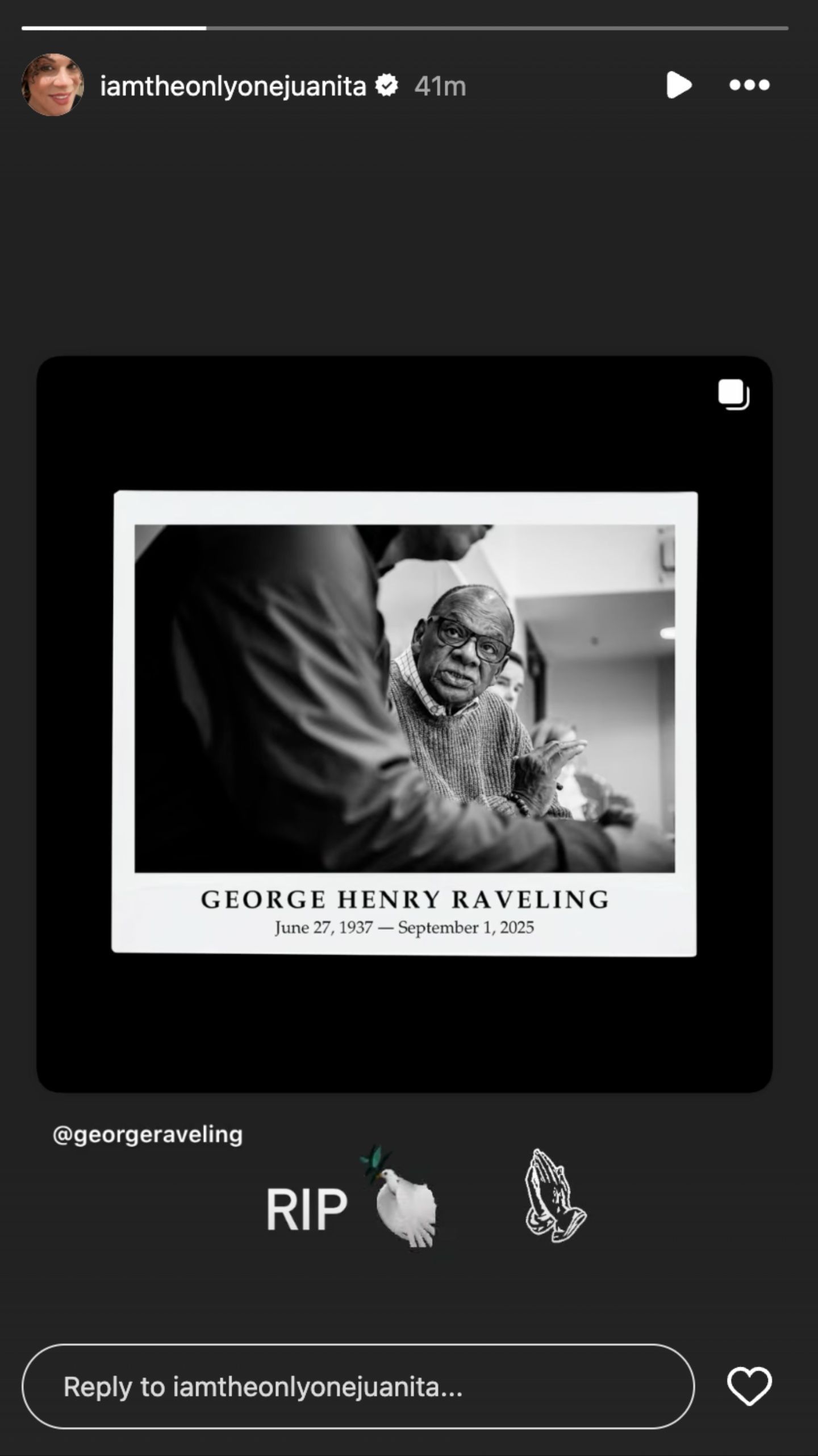 Vanoy posted on her Instagram account regarding the passing of Raveling.