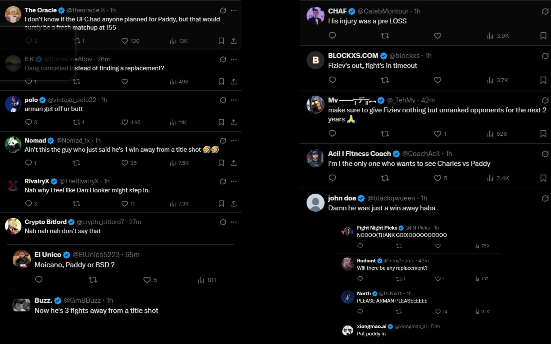 Fans react to the news of Charles Oliveira vs. Rafael Fiziev being canceled. [Screenshots courtesy: @ChampRDS on X]