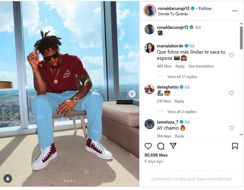 Ronald Acu&ntilde;a Jr.&rsquo;s wife, Maria Laborde, wrote an adorable message on her husband&#039;s post. (via instagram)