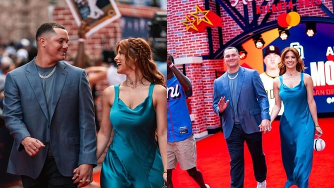 Adrian Morejon’s wife Melany makes a statement in bold red dress and eye-catching chest tattoo