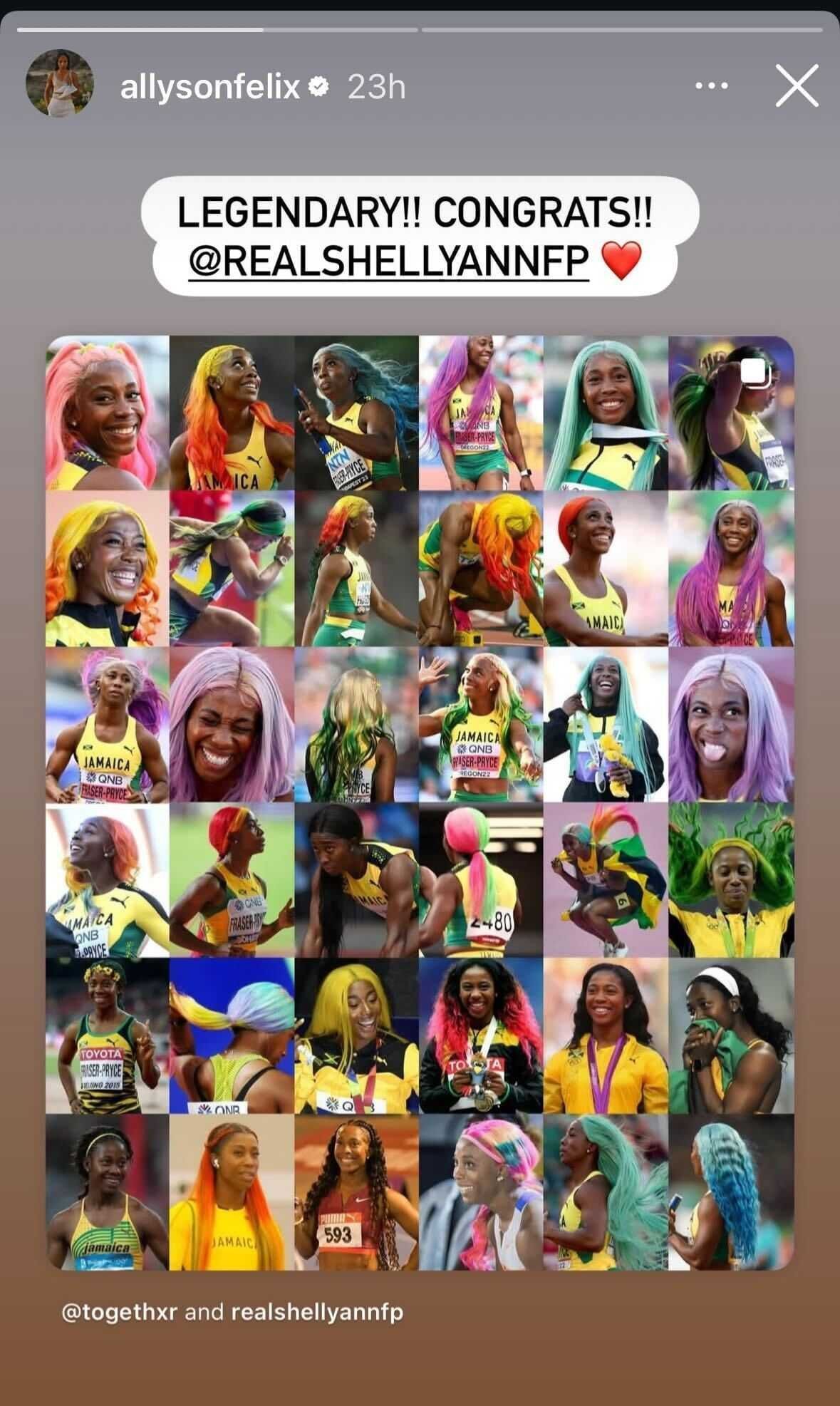 Felix reacts to Fraser-Pryce&#039;s legendary career; Instagram - @allysonfelix