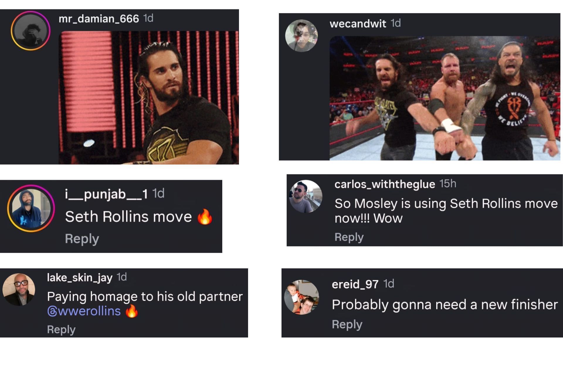 Fans reacting to Moxley using the stomp of Seth Rollins on AEW Collision under the Instagram comment section
