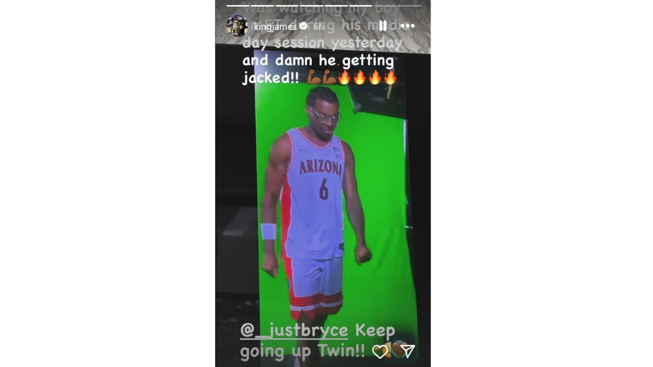 LeBron James reacts to his son Bryce James looking buff during the Arizona Wildcats&#039; media day. [photo: @kingjames/IG]