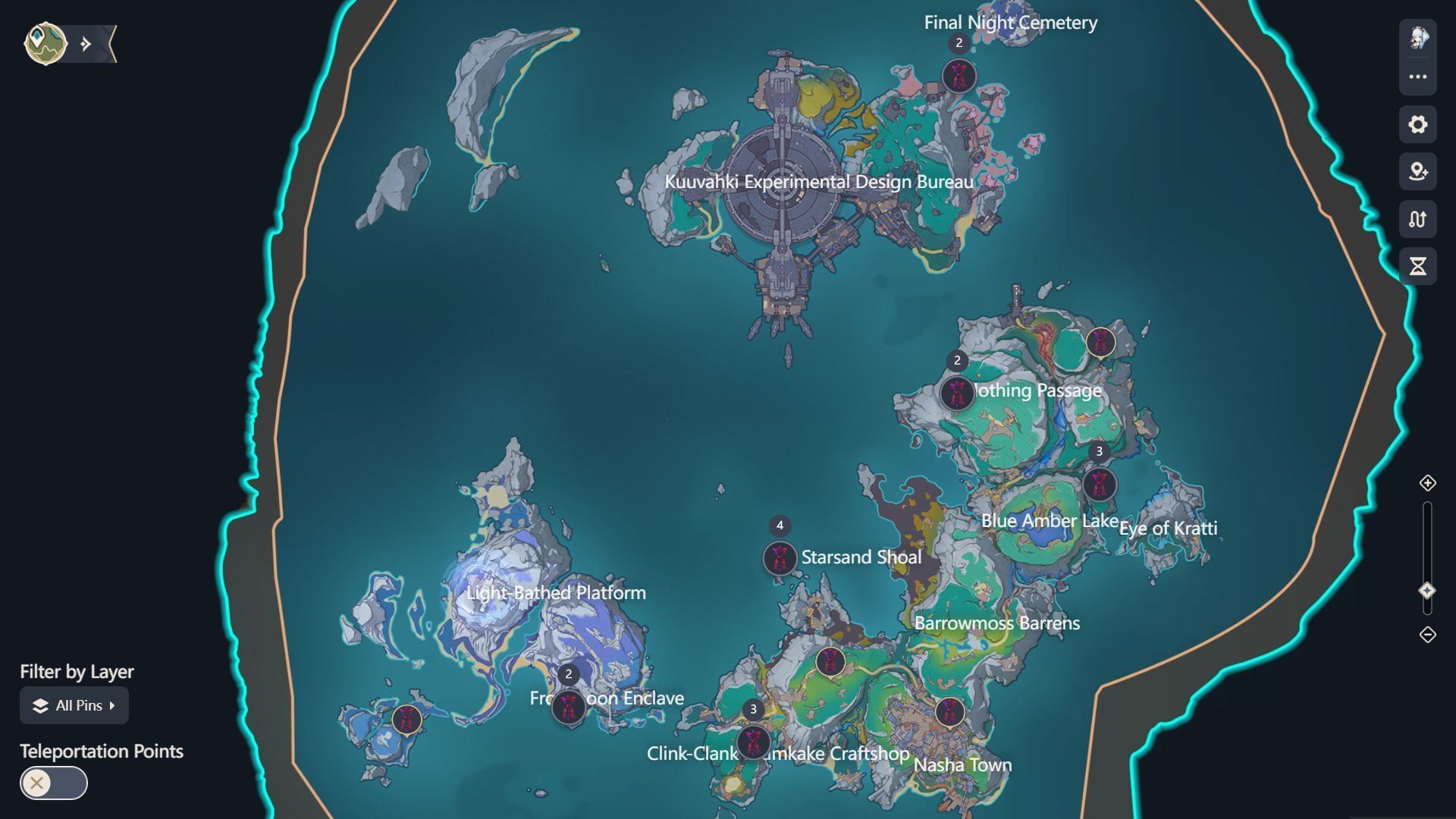 Nod-Krai time trial locations (Image via HoYoLab Teyvat Interactive Map)
