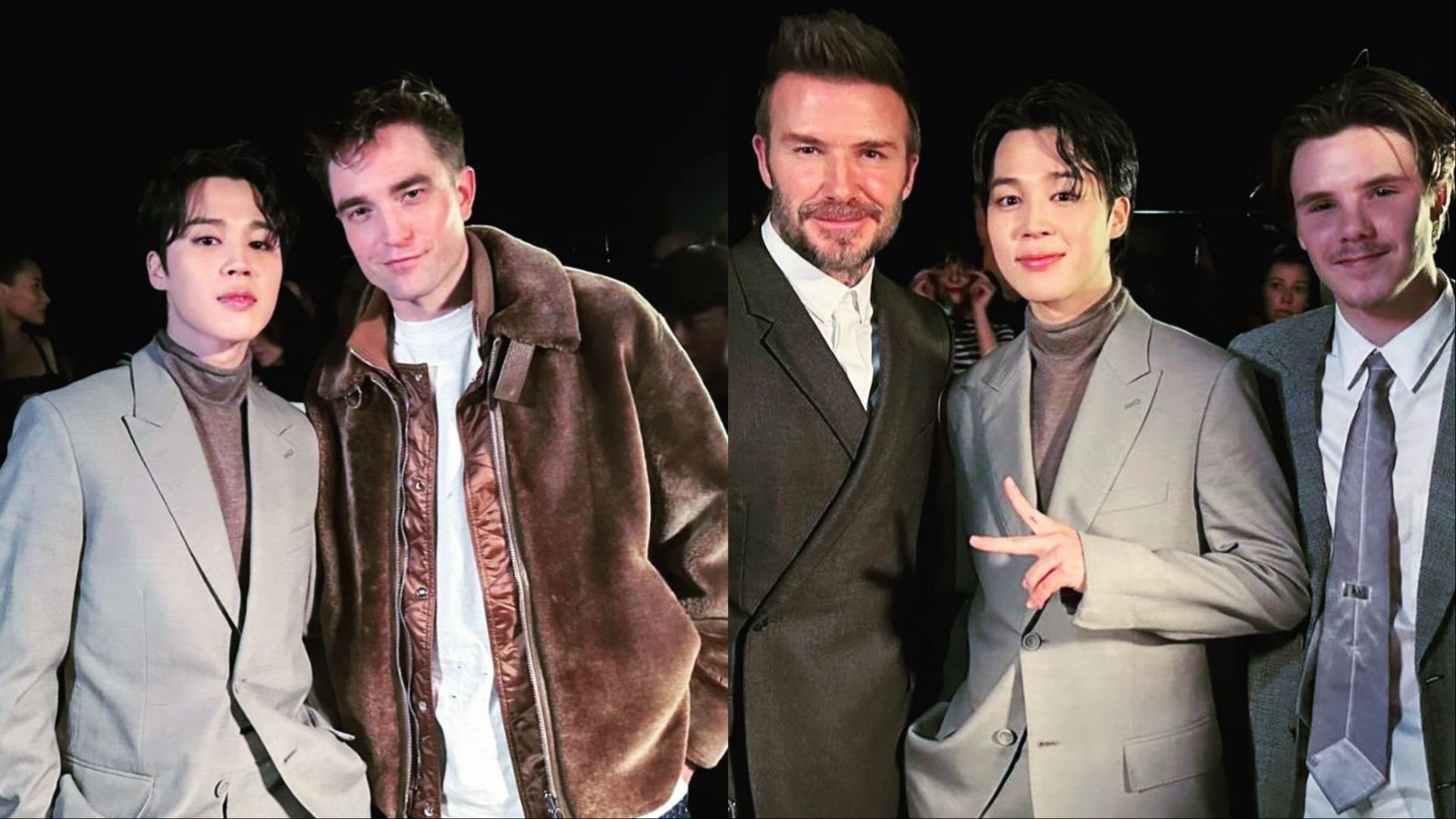 BTS&#039; Jimin with Robert Pattinson, David Beckham, and Cruz Beckham at Dior Homme&rsquo;s Fall/Winter 2023&ndash;2024 show (Image via Instagram/@j.m)