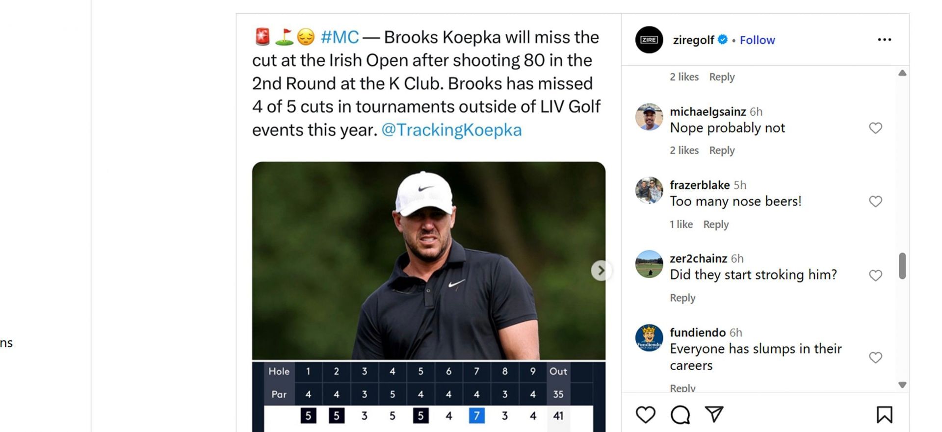 Golf world reacts to Brooks Koepka&rsquo;s missed cut at the 2025 Amgen Irish Open/@ziregolf