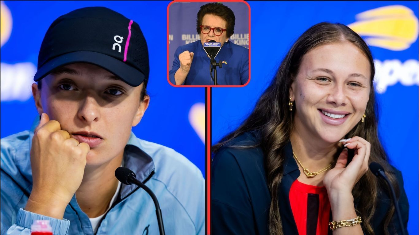 Iga Swiatek(left) Amanda Anisimova(right) and Billie Jean King (inset). Images:Getty