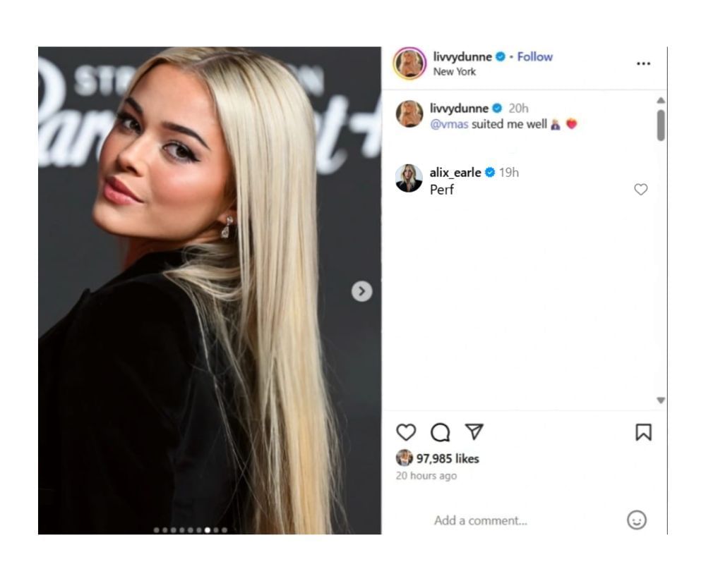 Braxton Berrios&rsquo; GF Alix Earle dropped 1-word message on Olivia Dunne&rsquo;s VMAs IG post [IG/@livvydunne]