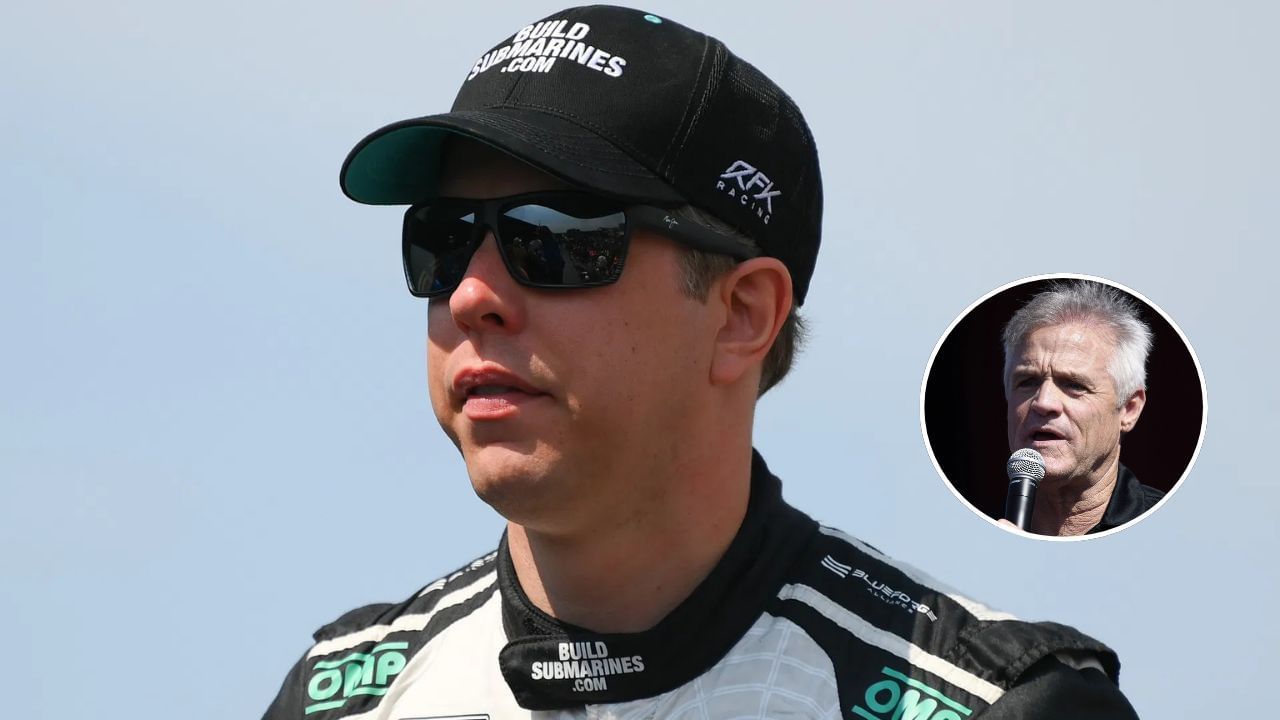 Background: Sep 15, 2024; Watkins Glen, New York, USA; NASCAR Cup Series driver Brad Keselowski (6) looks on prior to the start of the Go Bowling at The Glen at Watkins Glen International. Mandatory Credit: Rich Barnes-Imagn Images; Kenny Wallace speaks at Gateway in 2024 Source: Getty