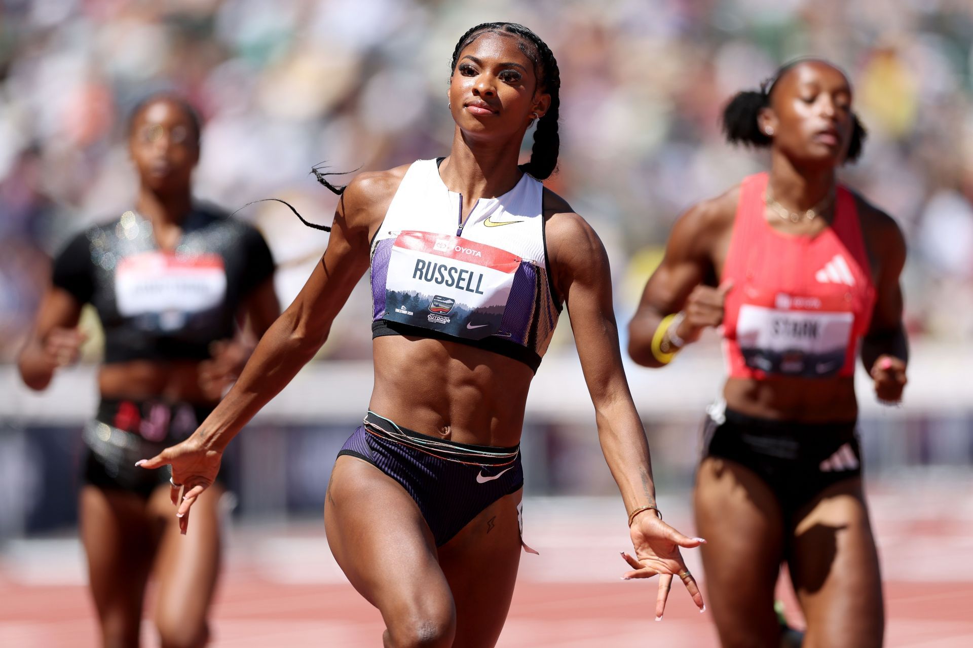 Masai Russell during the 2025 USATF Outdoor Championships at Hayward Field in Eugene, Oregon. (Photo via Getty Images)