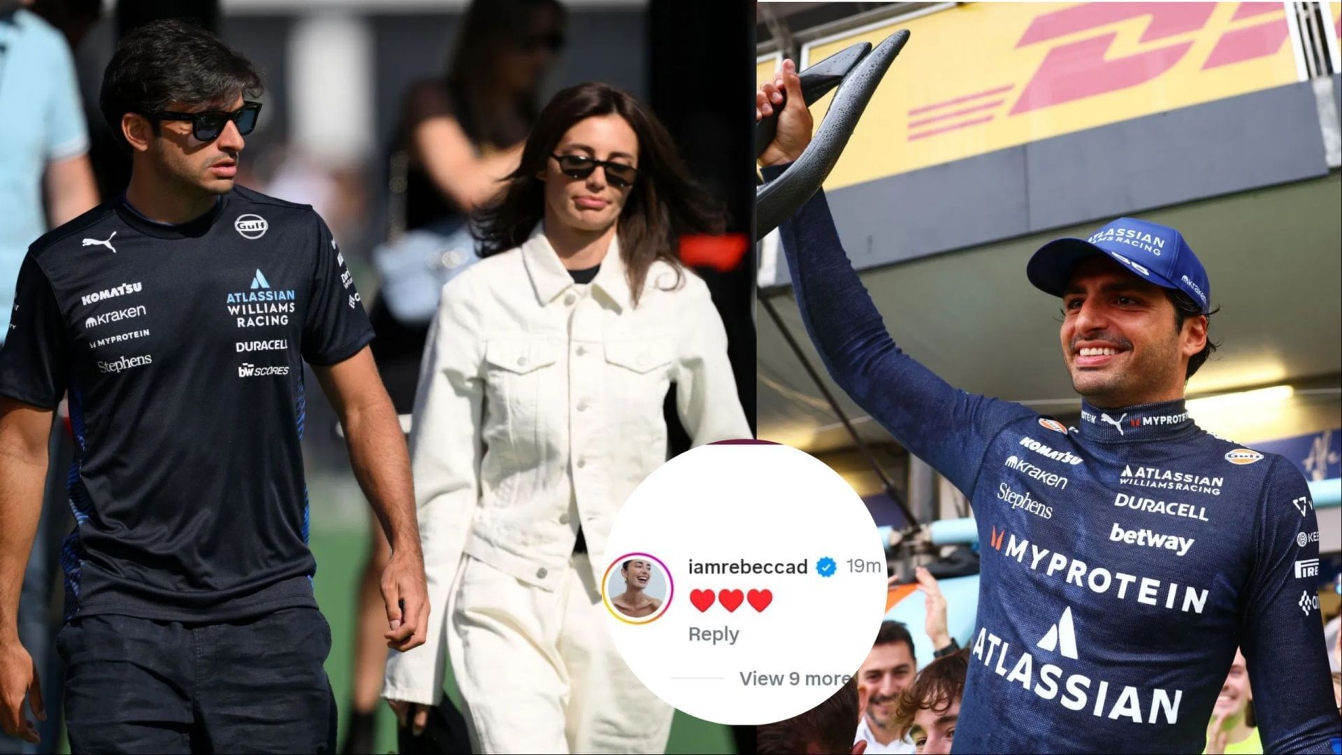 Image Credits: Getty, L: Carlos Sainz and Rebecca Donaldson; R: Carlos Sainz celebrating Azerbaijan GP podium