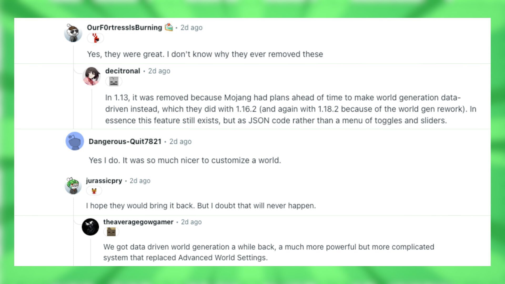Redditors talk about the advanced world settings in Minecraft (Image via Reddit)