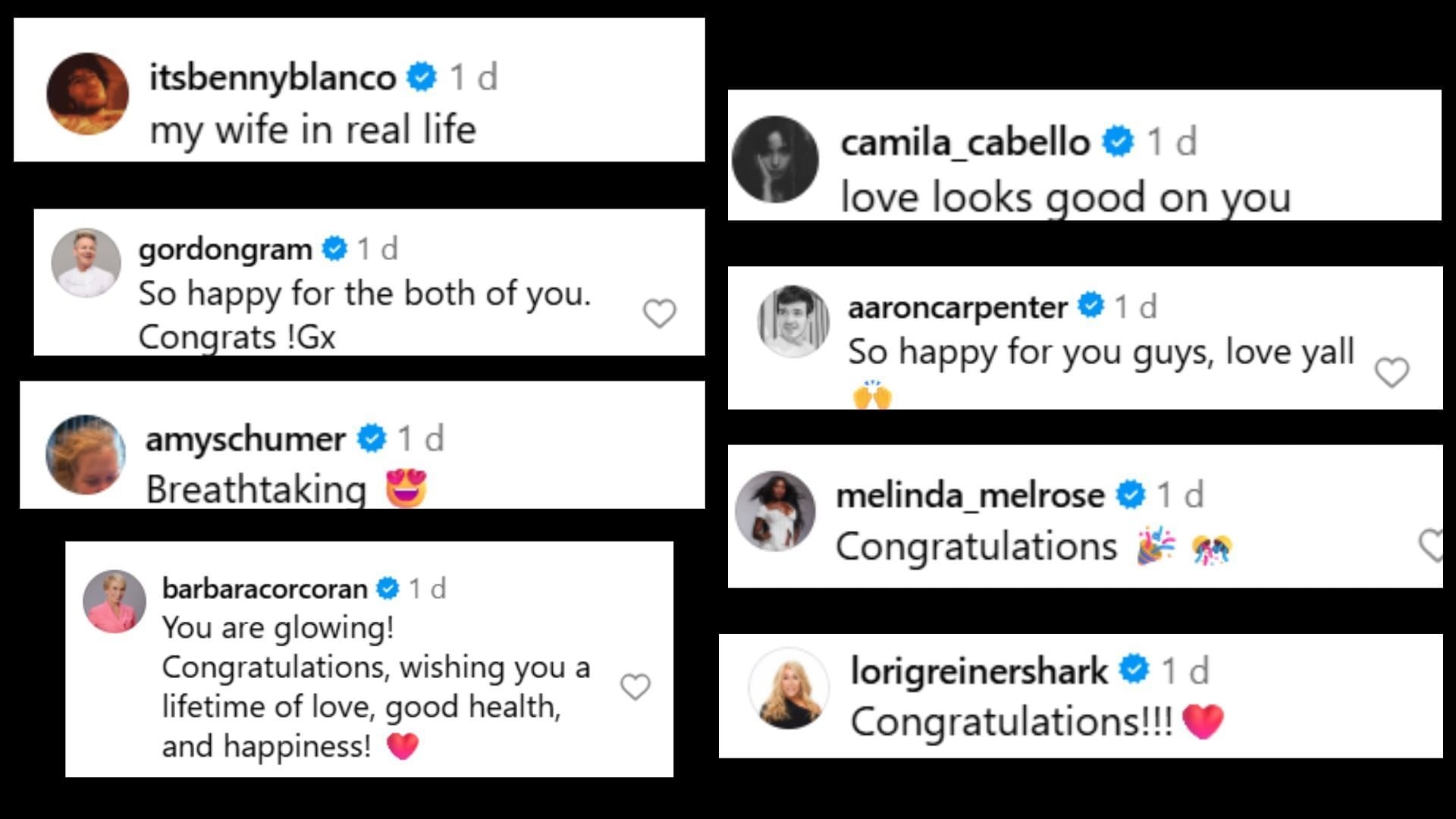 Reactions from Celebrities on Selena Gomez and Benny Blanco&#039;s wedding post (Image via Instagram/@selenagomez)