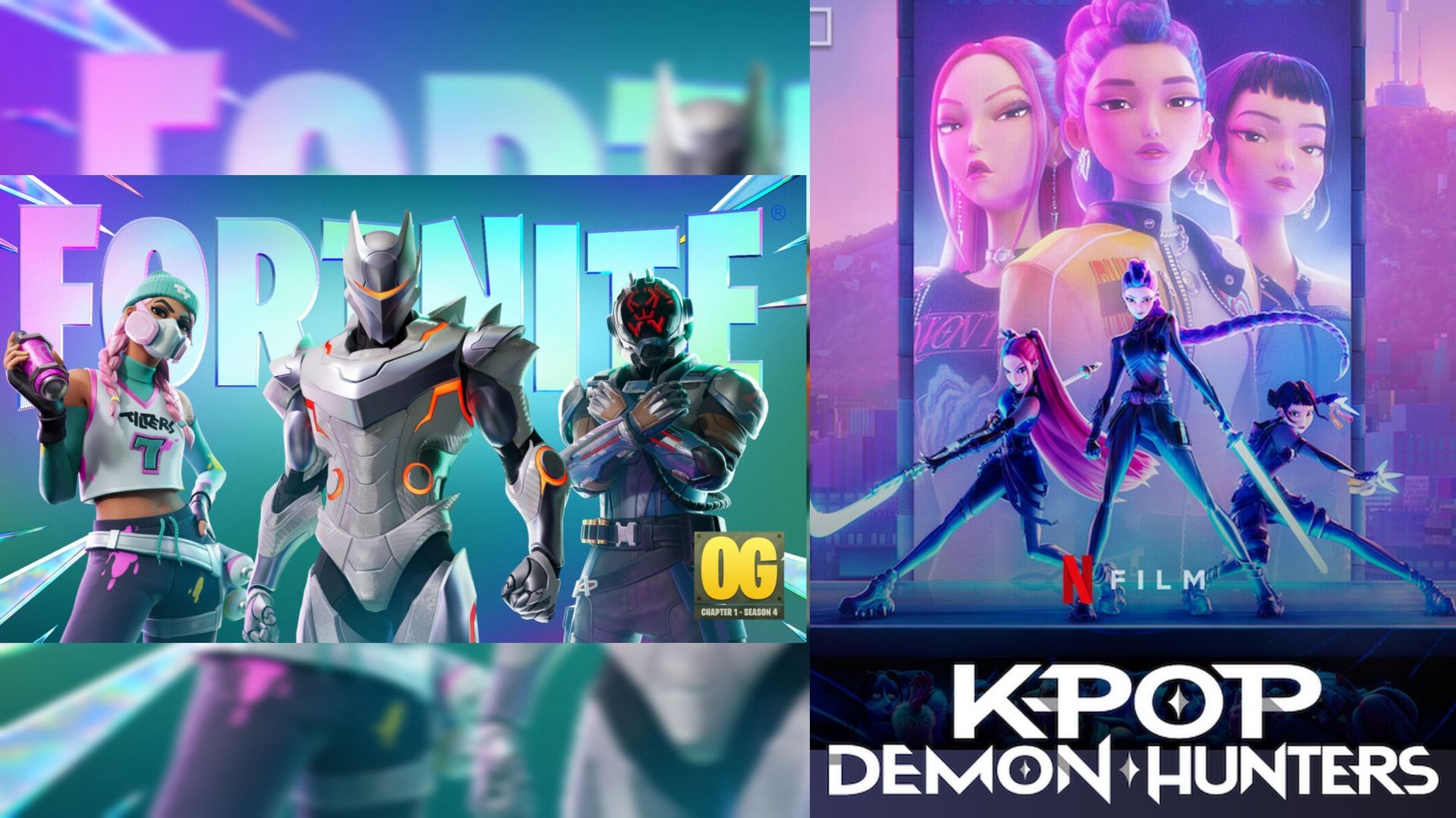 Kpop Demon Hunters X Fortnite collaboration (Images via X/@NetflixKR &amp; @Fortnite)