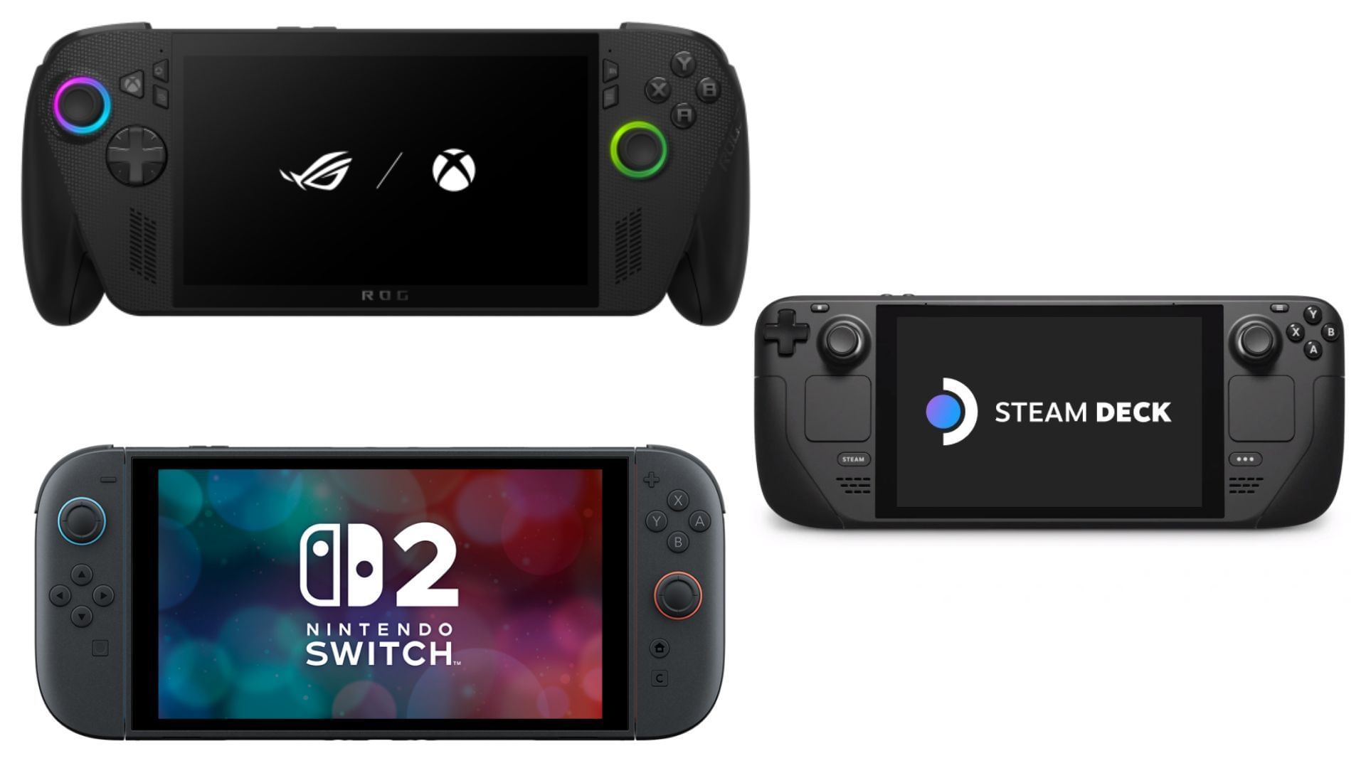 ROG Xbox Ally vs Switch vs Steam Deck (Image via Asus, Nintendo, Steam)
