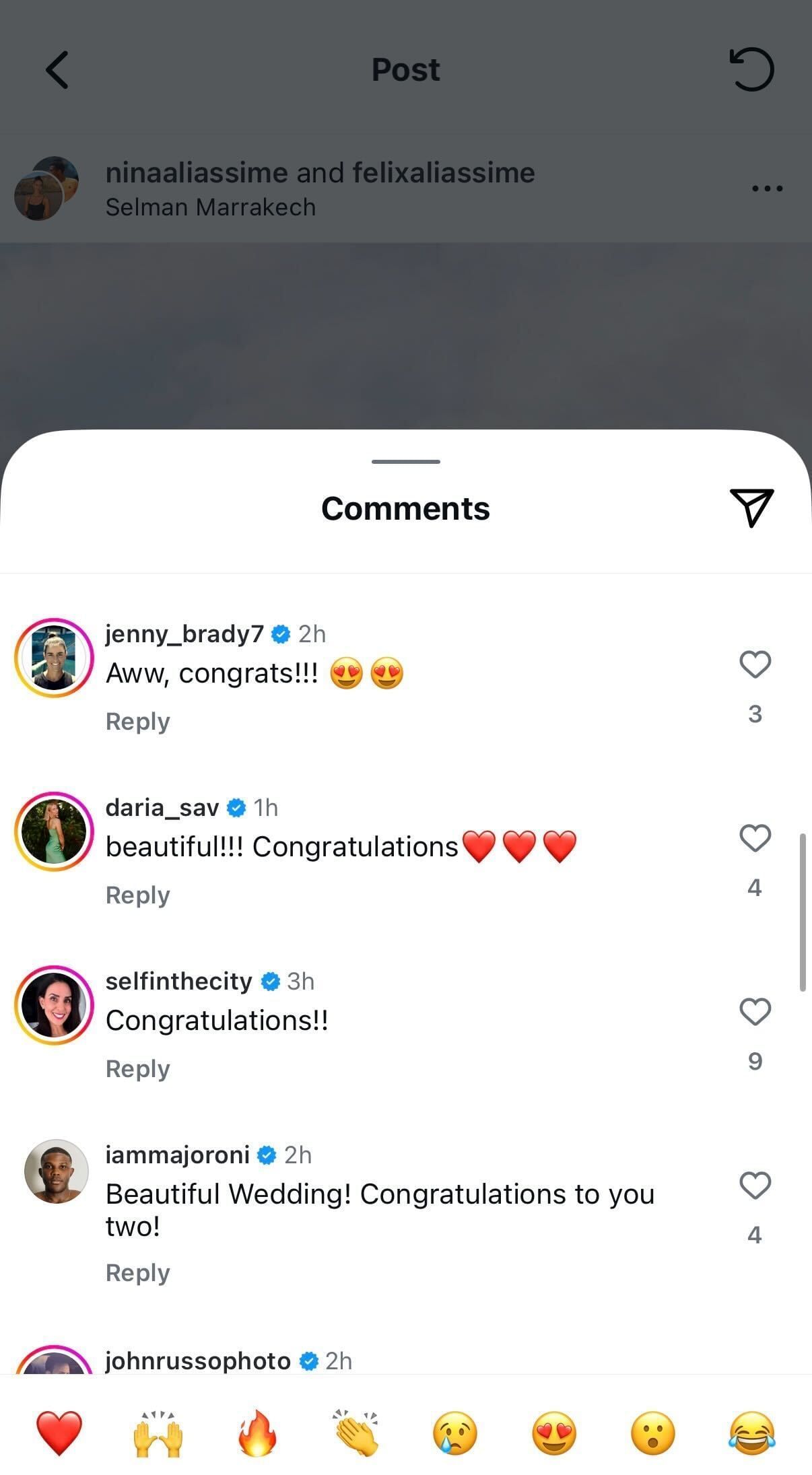 Brady, Saville and others&#039; comments on Auger-Aliassime&#039;s post (Source: Instagram/felixaliassime)