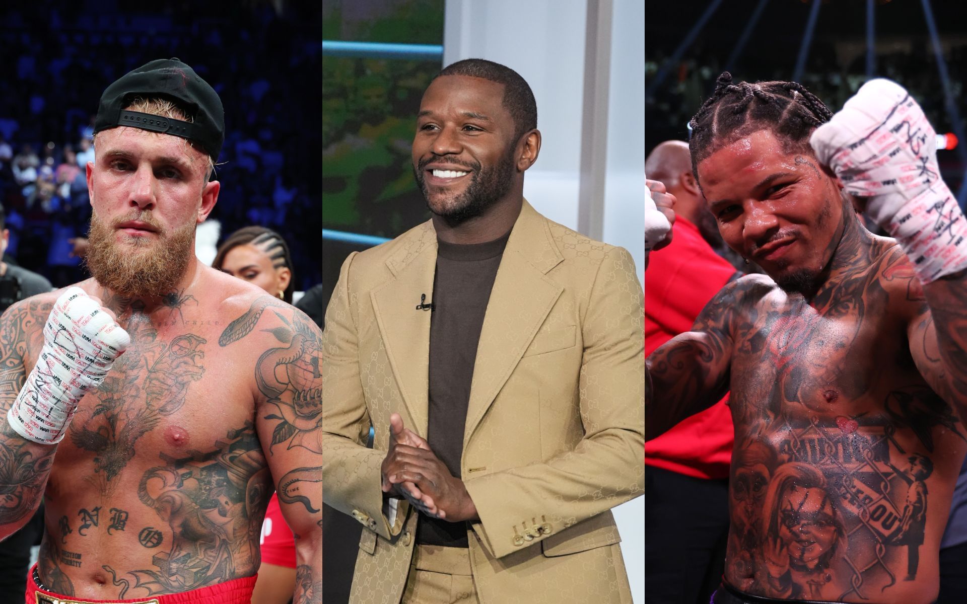 Jake Paul (left) roasts Floyd Mayweather (middle) while dissing Gervonta Davis (right). [Images courtesy: Getty Images] 