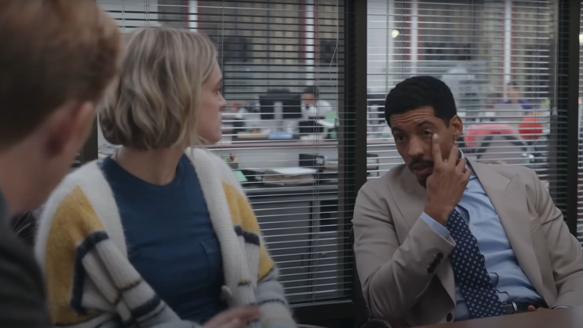 Detrick&#039;s journalist experience involves tweeting (Image via YouTube/Peacock)