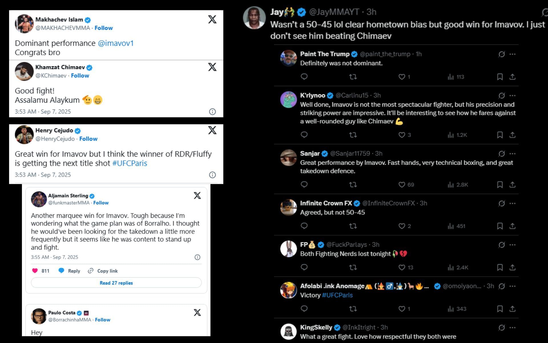 Pros and fans react to UFC Paris main event. [Screenshots courtesy: @ufc on X and fighter accounts]