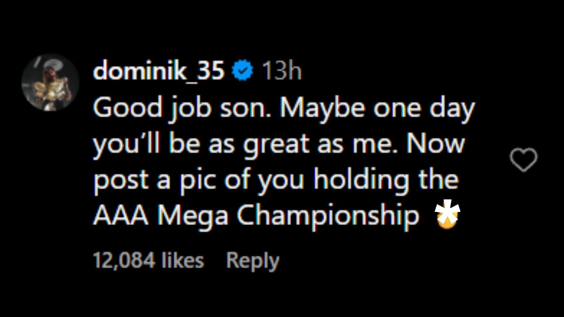 Screenshot of Dominik Mysterio&#039;s comment. [Image credit: Rey Mysterio&#039;s Instagram]
