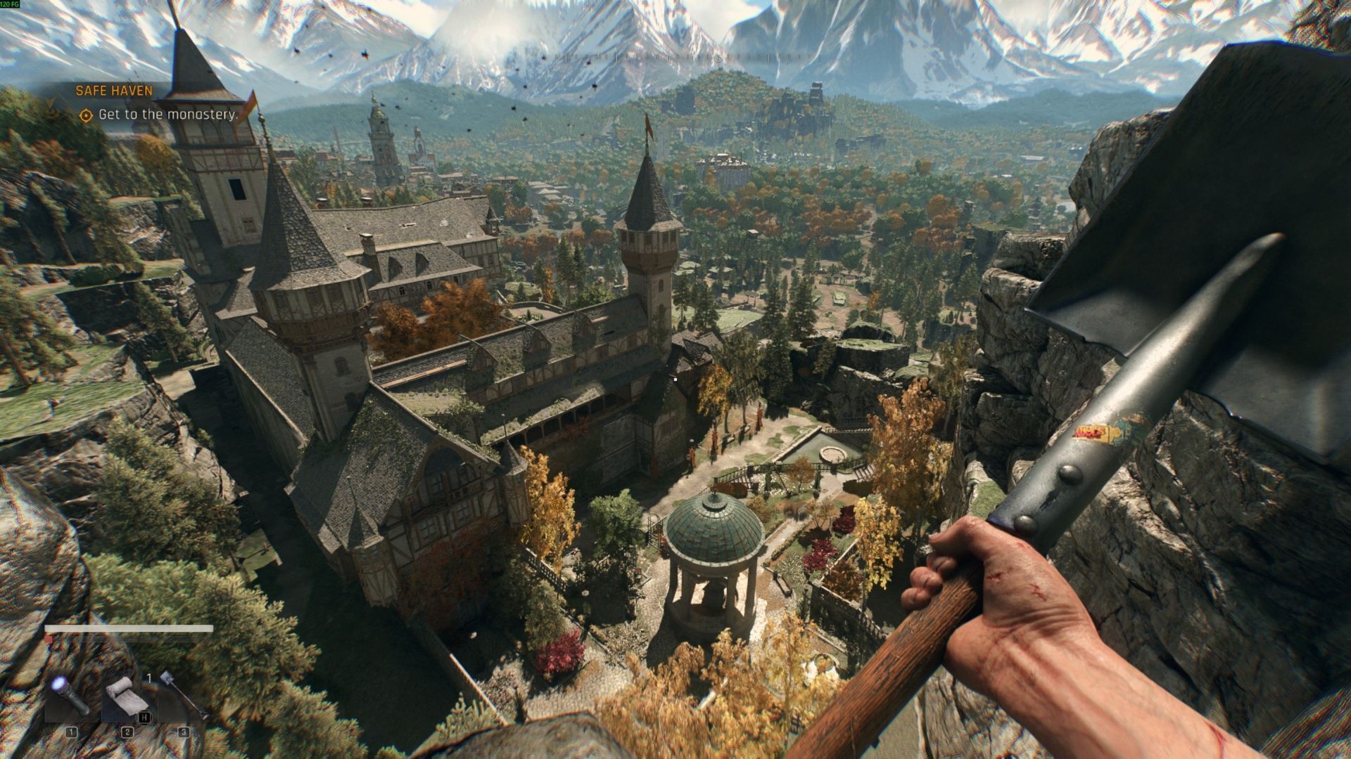A pantry overlooking the monastery at Dying Light: The Beast Safe Haven (Image using Sk Gaming || Techland)