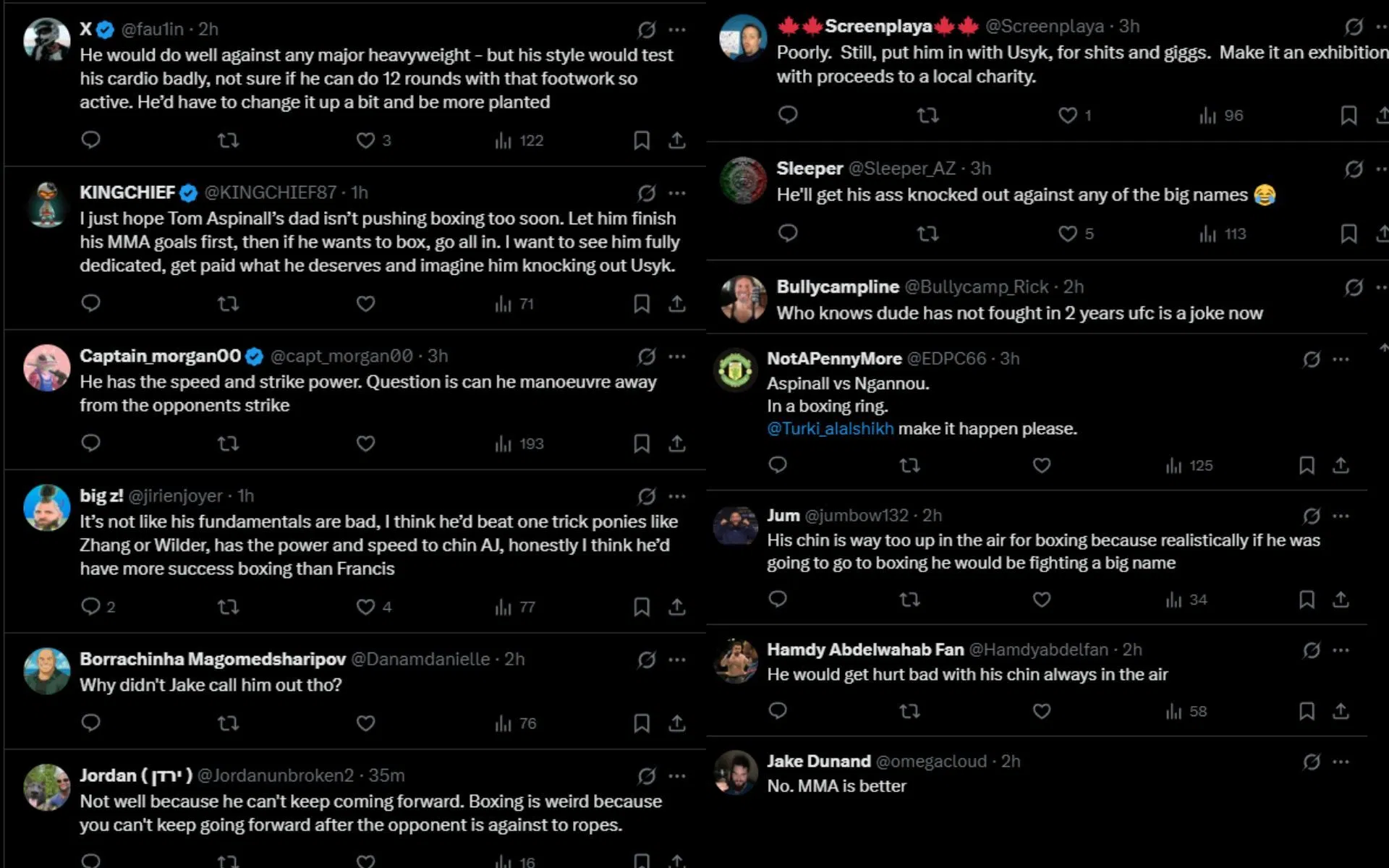Fans react to Tom Aspinall&#039;s father pushing him for boxing. [Screenshots courtesy: @MMAFighting on X]