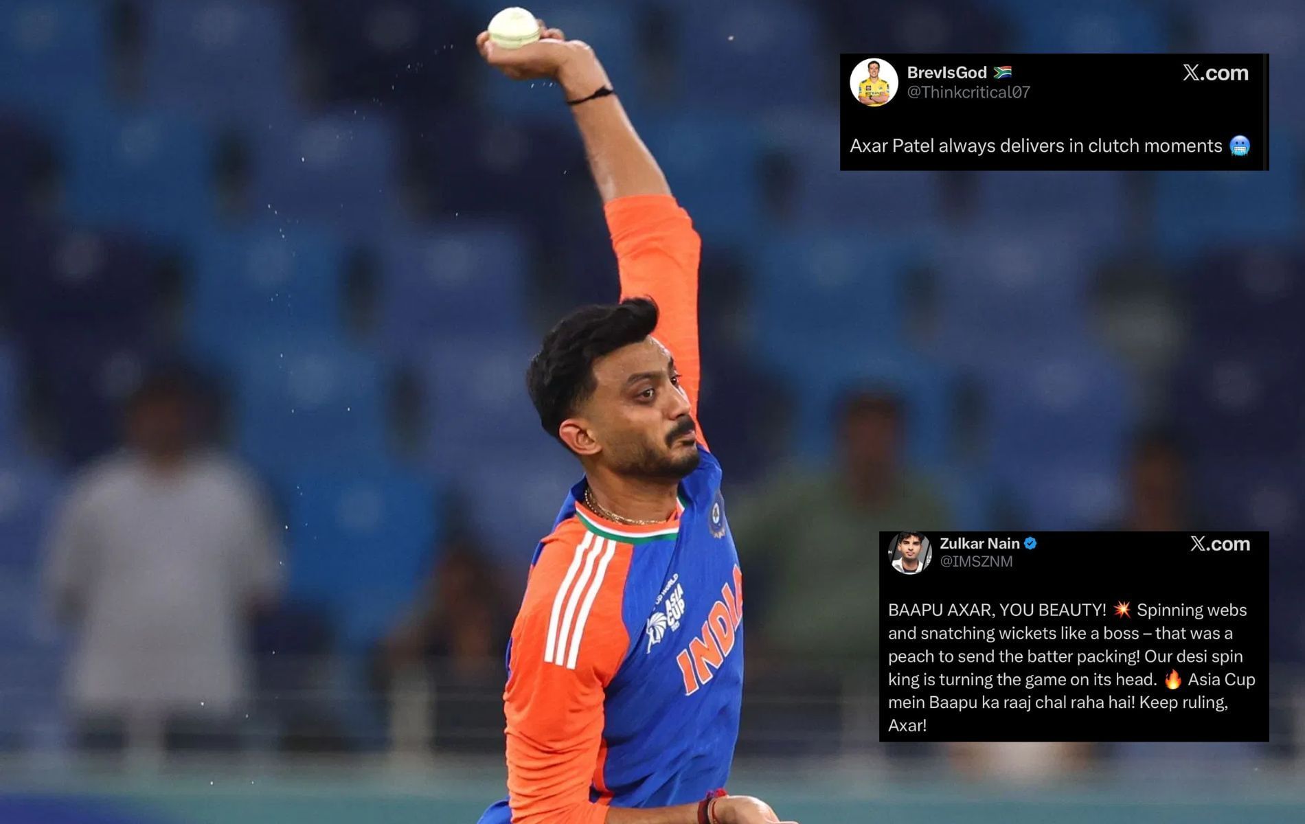 Axar Patel recorded impressive figures of 4-0-26-2 in IND vs PAK Asia Cup 2025 final. (Pics: Getty Images/@IMSZNM/@Thinkcritical07).