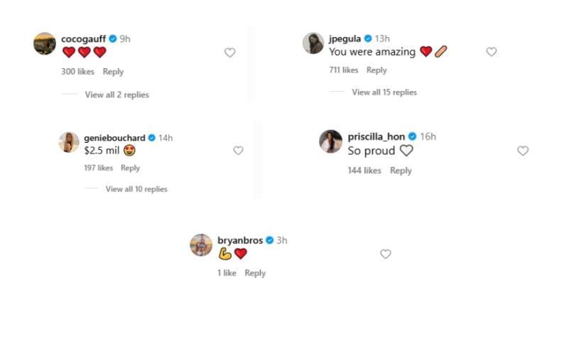 Screenshot of Amanda Anisimova&#039;s Instagram post featuring players&#039; comments | Source: IG/amandaanisimova