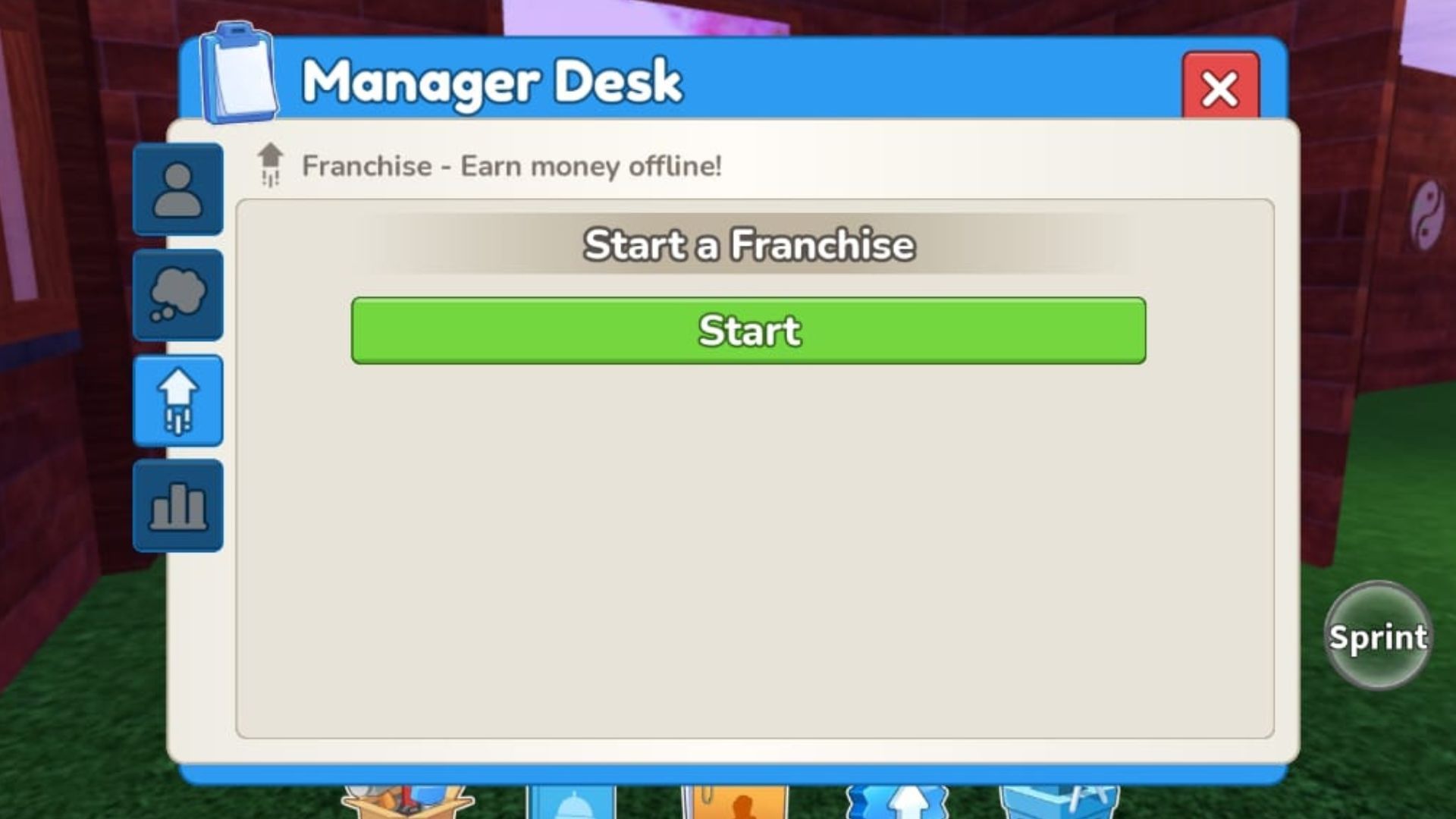 Access your franchise from the Manager Desk (Image via Roblox)