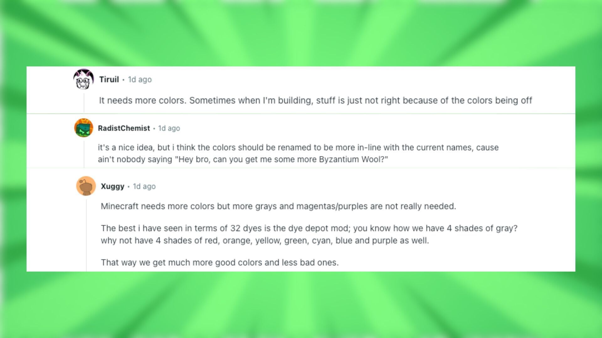 Redditors discuss a major color update for the blocky game (Image via Mojang Studios)