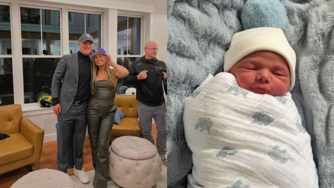 J.J. McCarthy's fiancée Katya Kuropas melts hearts with adorable IG snap of son Rome posing with his very first football