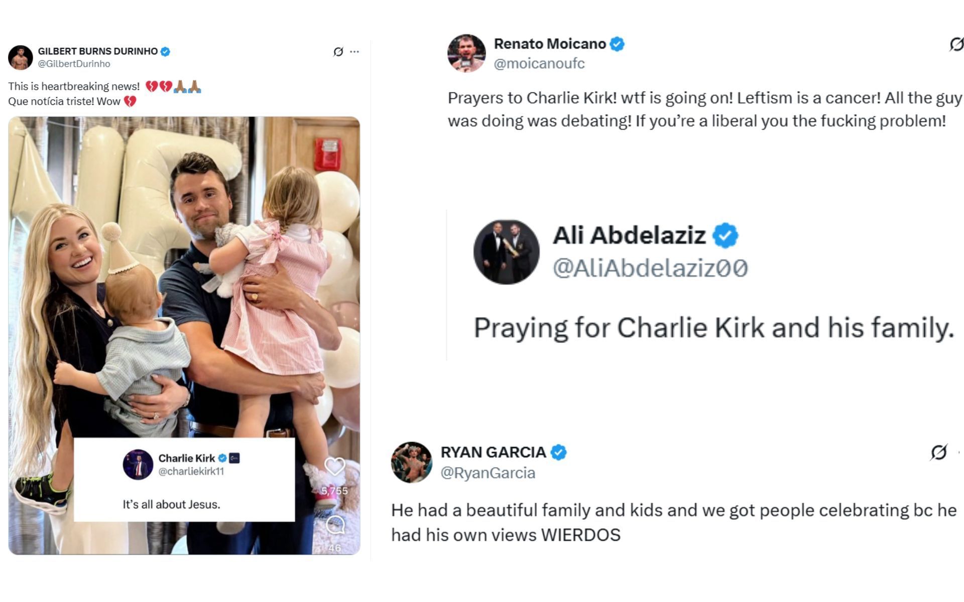 Screenshots of combat sports figures&#039; reaction to Charlie Kirk&#039;s death
