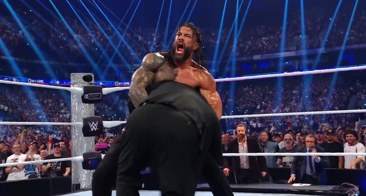 Roman Reigns took out Paul Heyman at Clash in Paris. [Image credits: WWE on X/Twitter]
