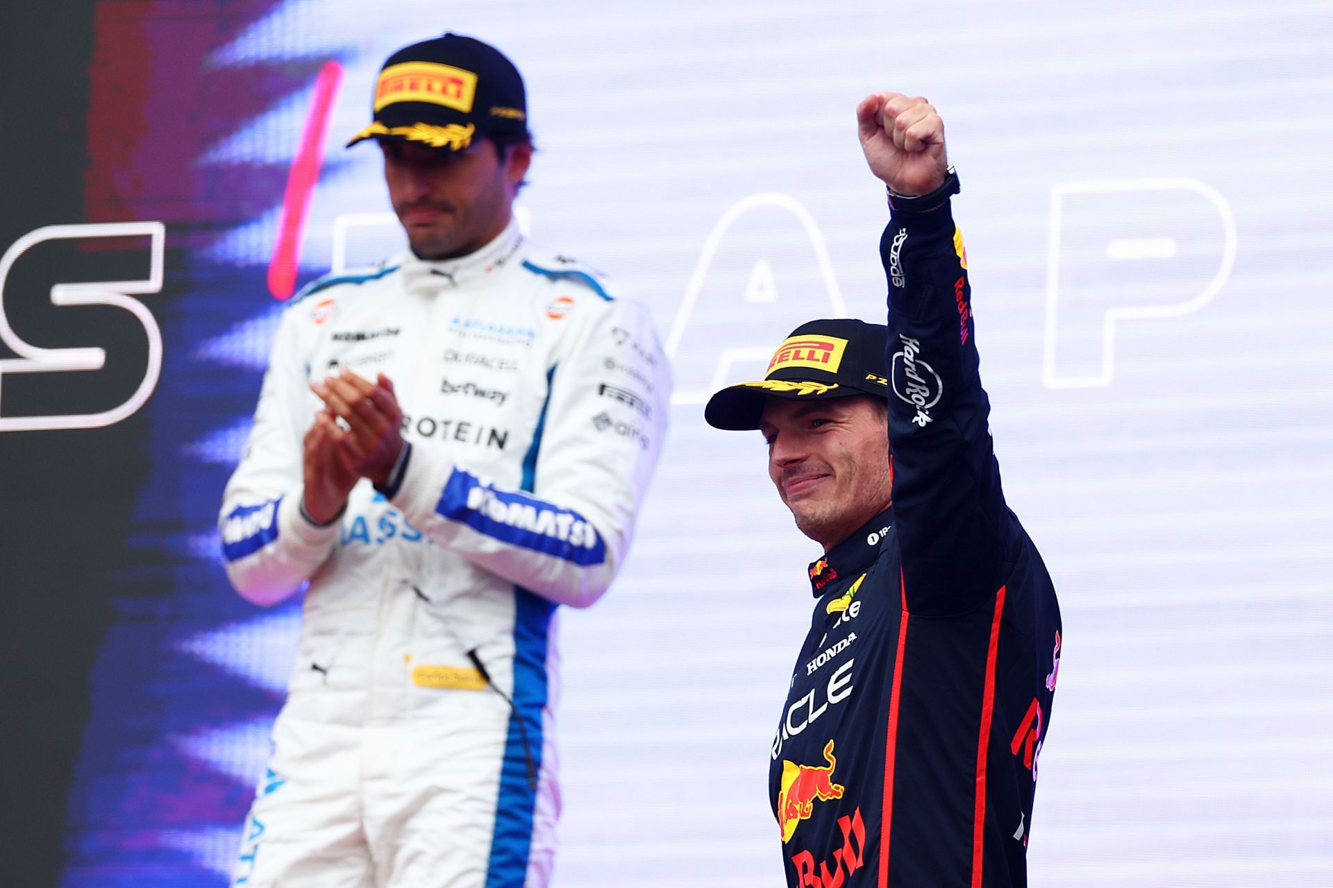 Williams&#039; Carlos Sainz (L) and Red Bull&#039;s Max Verstappen (R) at the 2025 F1 Grand Prix of Azerbaijan podium - Source: Getty