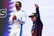 Williams' Carlos Sainz (L) and Red Bull's Max Verstappen (R) at the 2025 F1 Grand Prix of Azerbaijan podium - Source: Getty