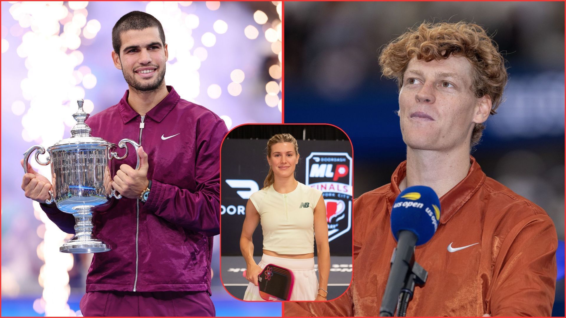 Carlos Alcaraz (L) Eugenie Bouchard (inset) Jannik Sinner (R) | Getty