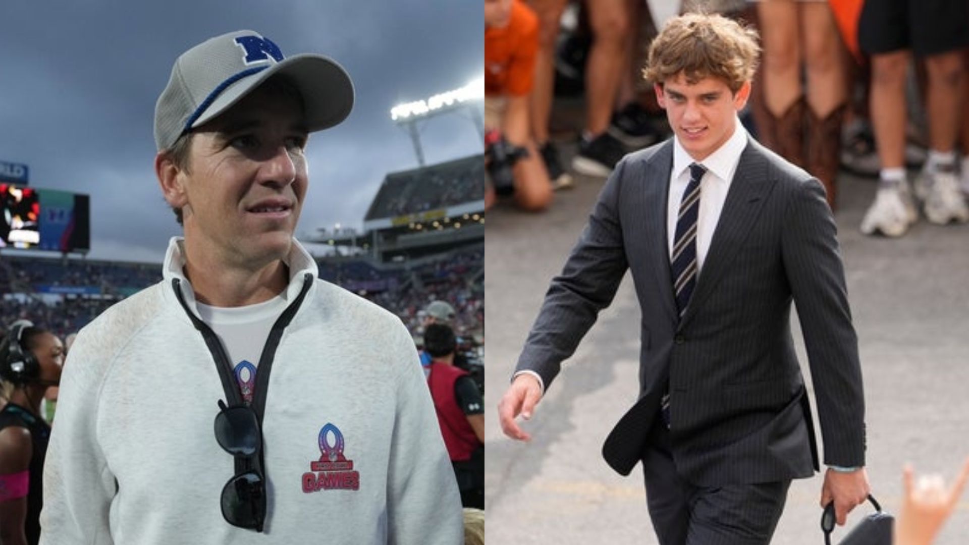 Two-time NFL champion Eli Manning (left) and Texas quarterback Arch Manning (right) (Image Source: IMAGN)