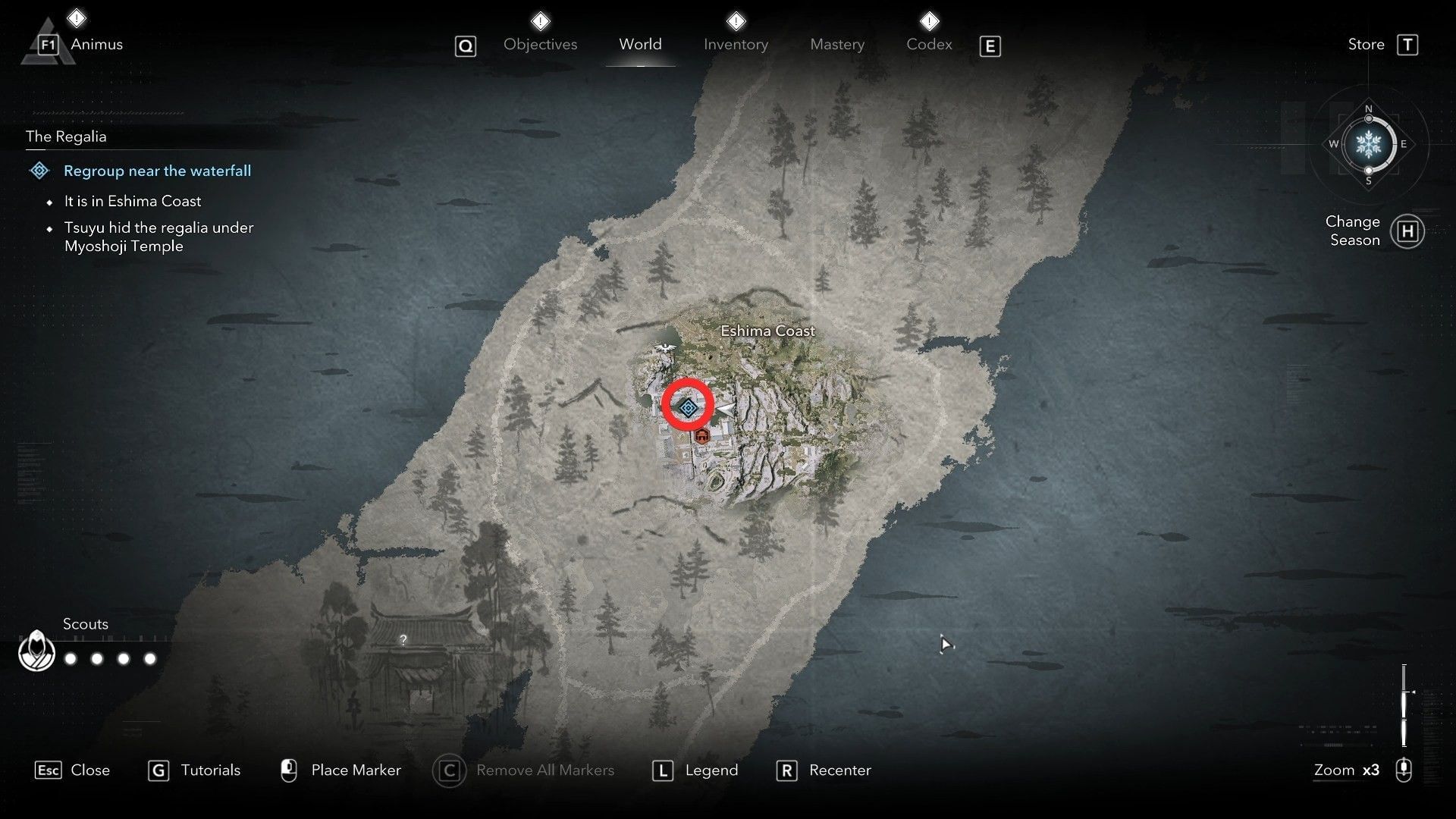 The waterfall&#039;s location on the map (Image via Ubisoft)